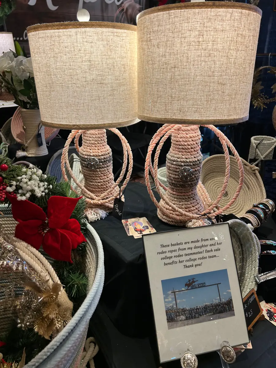 A pair of rope-wrapped table lamps with linen shades on display
